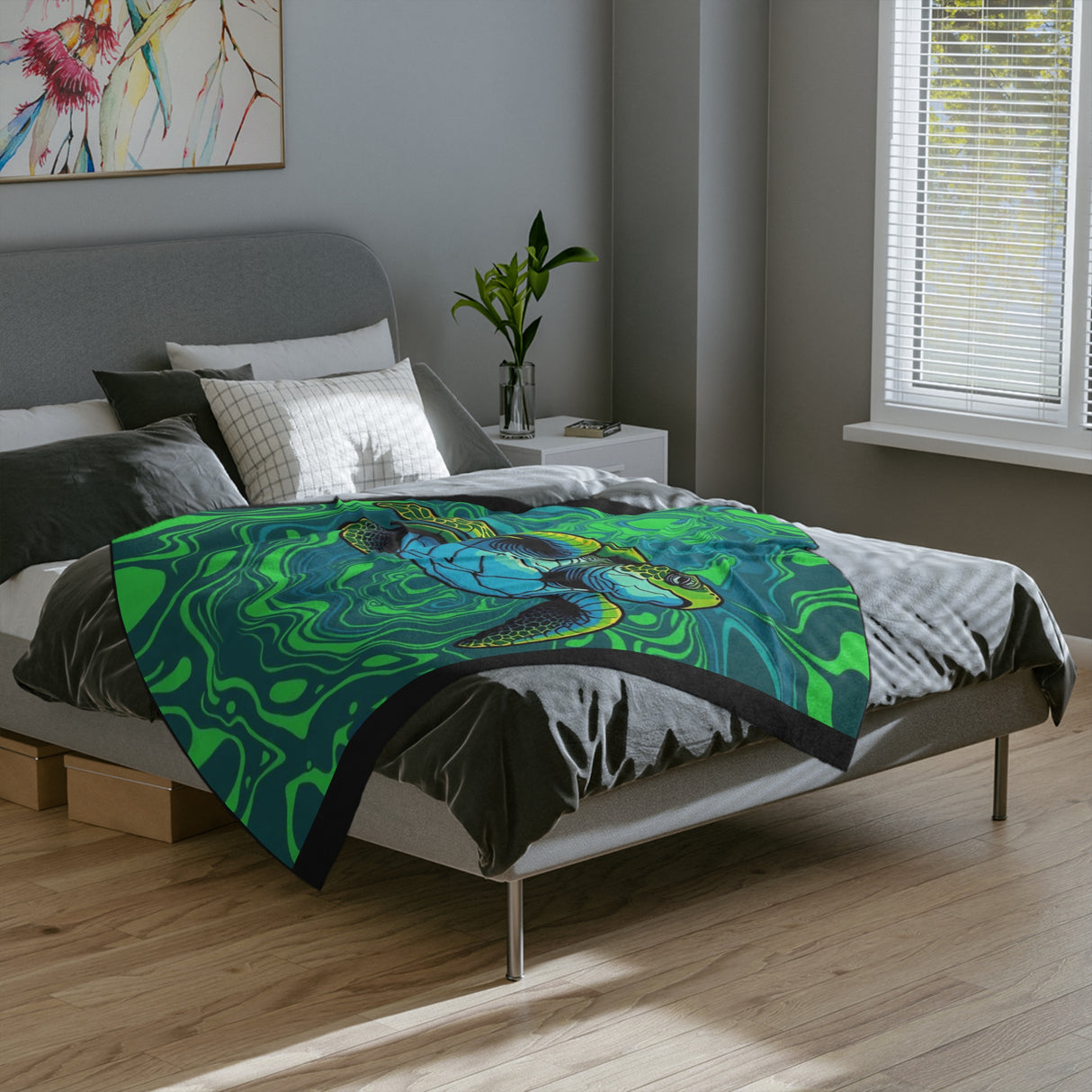 Vibrant Green Sea Turtle-Themed Velveteen Microfiber Blanket - 3 Sizes