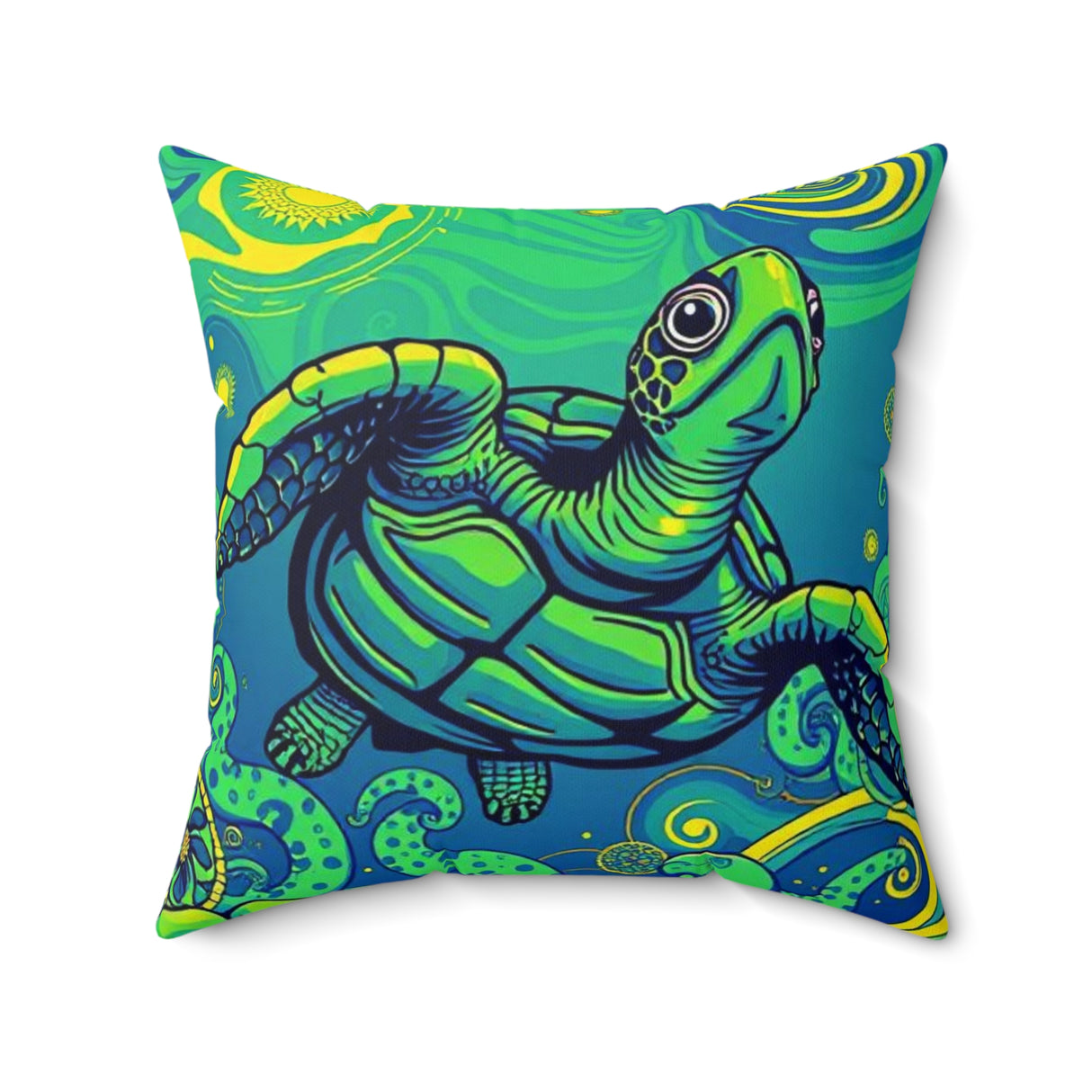 Colorful Green Trippy Sea Turtle Pillow, Faux Suede Pillow - 4 sizes