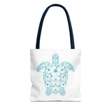 White and Teal Tropical Flower Sea Turtle Tote Bag - 3 sizes
