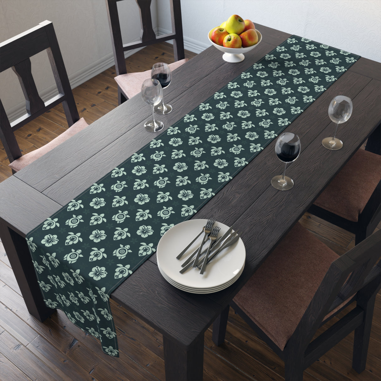Dark Teal Sea Turtle and Floral Print Table Runner