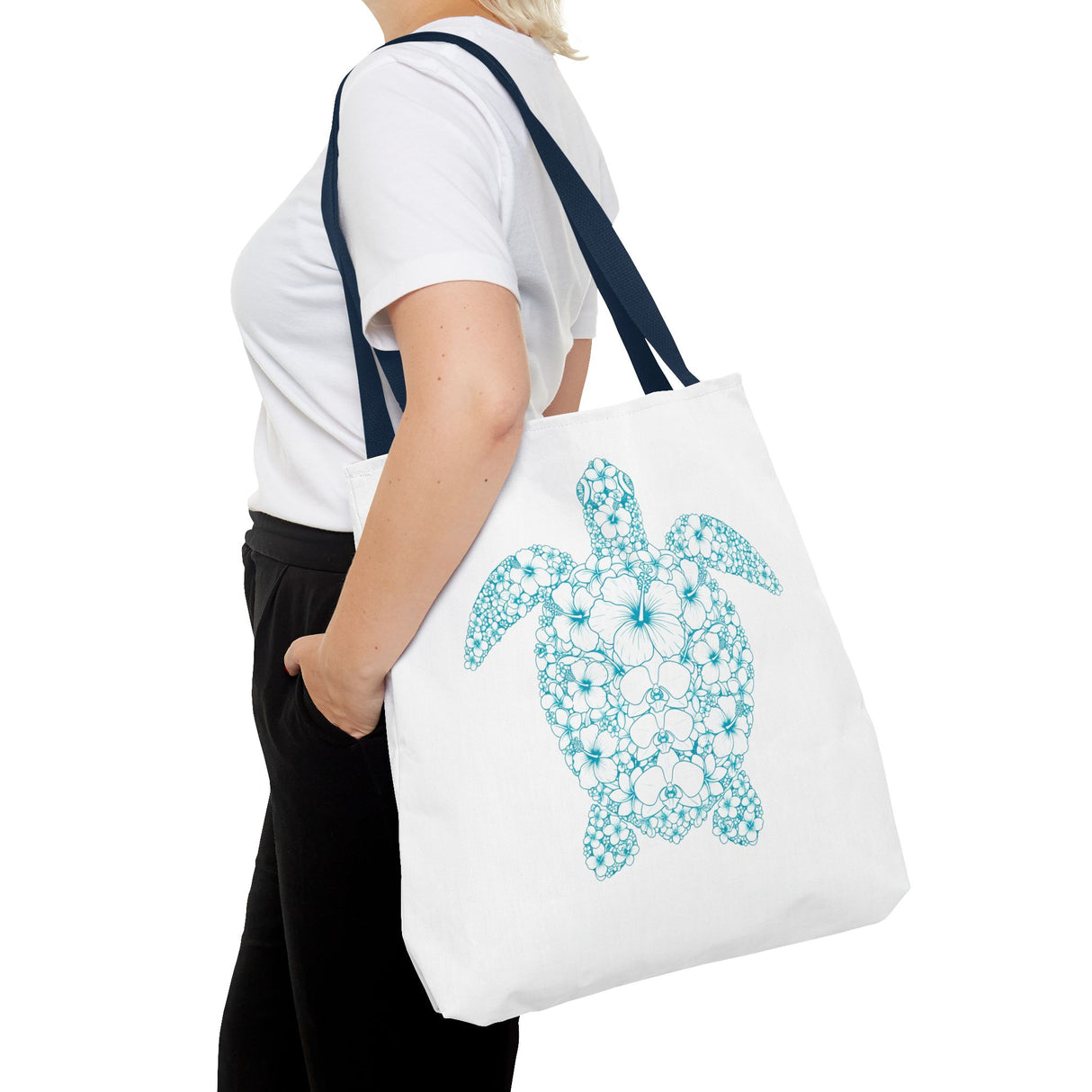 White and Teal Tropical Flower Sea Turtle Tote Bag - 3 sizes