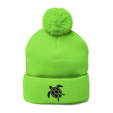 Cozy Pom-Pom Knit Cap with Black Sea Turtle Embroidery - 5 colors
