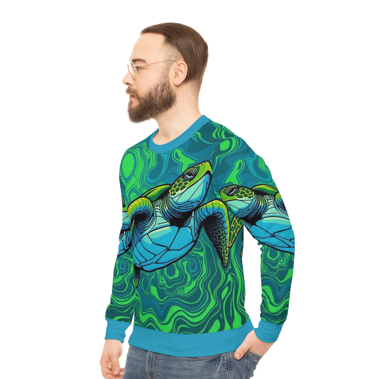 Bold Green and Blue Sea Turtle All-Over Print Sweatshirt