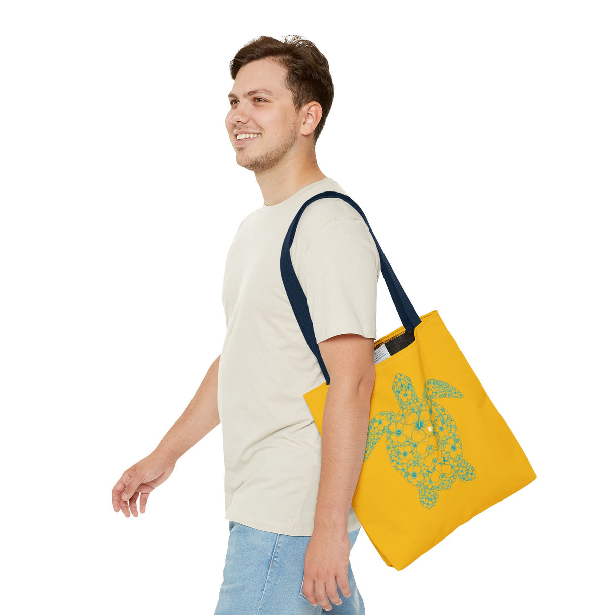Gold and Teal Tropical Flower Sea Turtle Tote Bag, Eco-Friendly Shopping Bag, Summer Beach Bag, Animal Lover Gift, Cute Tote for Kids & Adults