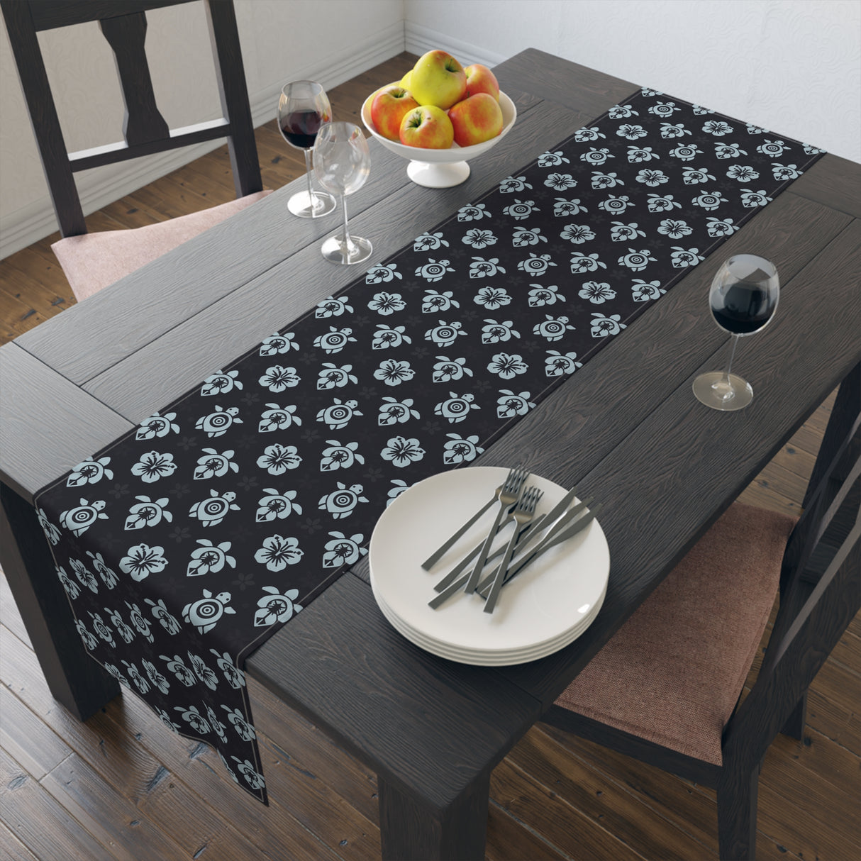 Dark Blue Sea Turtle and Floral Print Table Runner