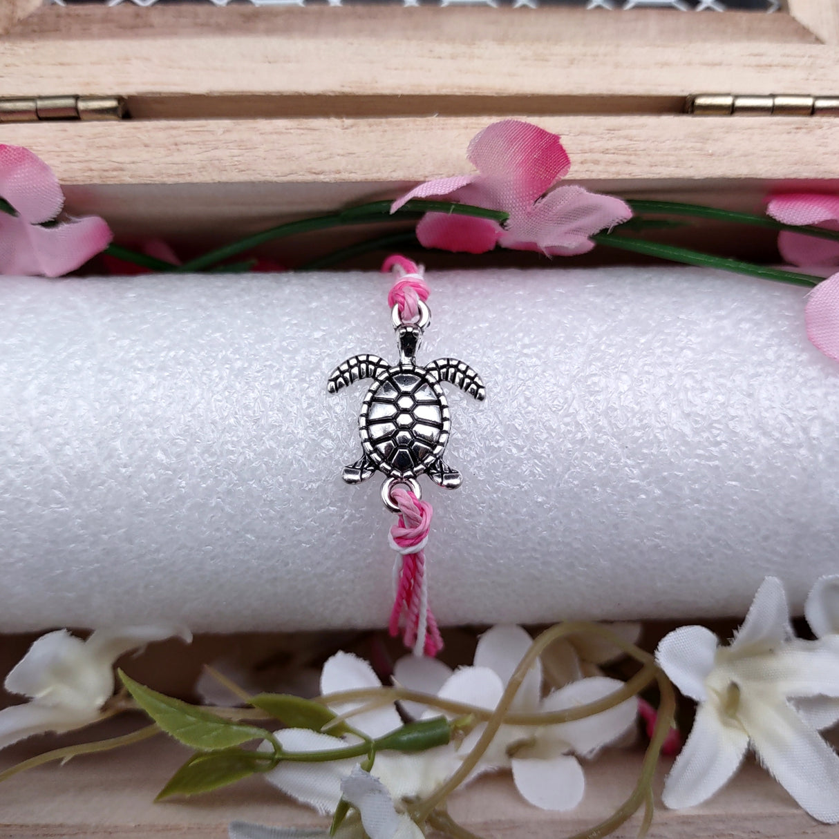 Sea Turtle Charm Bracelet Pink White Cord (approx. 5-7+ inches AROUND) Rose Carnation Sea Turtle String Bracelet Jewelry a thoughtful gift!