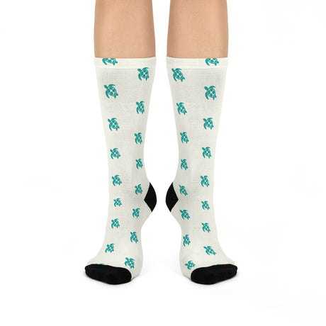 Ivory and Teal Sea Turtle Cushioned Crew Socks