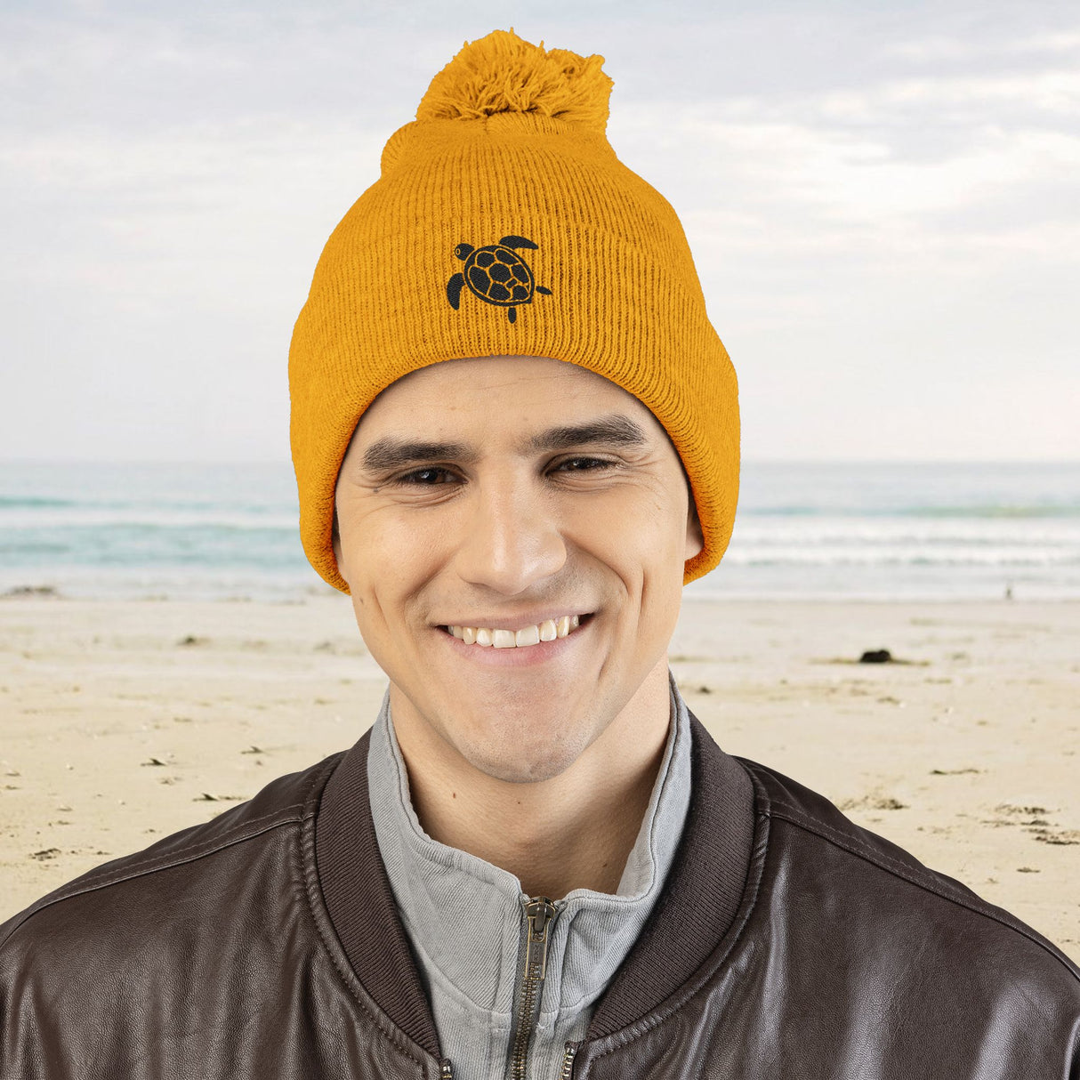 Cozy Pom-Pom Knit Cap with Black Sea Turtle Embroidery - 5 colors