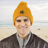 Cozy Pom-Pom Knit Cap with Black Sea Turtle Embroidery - 5 colors