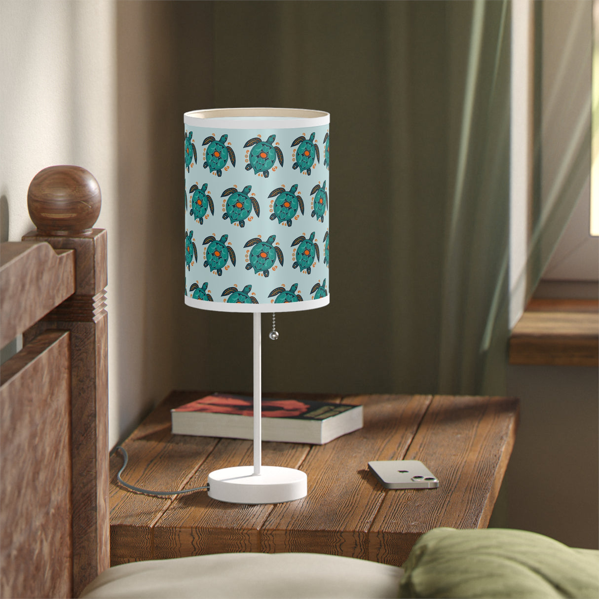 Blue Sea Turtle Pattern Table Lamp, Nightstand Light, Sea Life Decor, Beach House Accent, Kid's Room Lighting