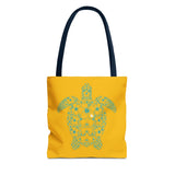 Gold and Teal Tropical Flower Sea Turtle Tote Bag, Eco-Friendly Shopping Bag, Summer Beach Bag, Animal Lover Gift, Cute Tote for Kids & Adults