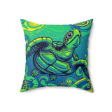 Colorful Green Trippy Sea Turtle Pillow, Faux Suede Pillow - 4 sizes