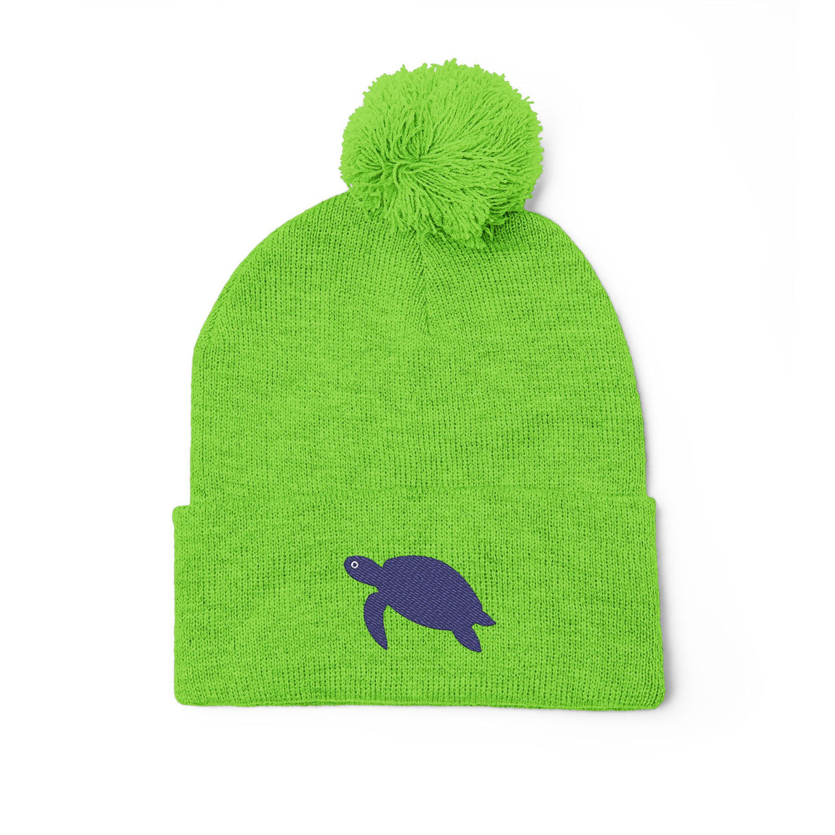 Cozy Pom-Pom Knit Cap with Purple Sea Turtle Embroidery - 4 colors available