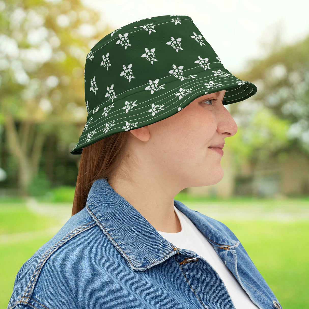 Green and White Print Sea Turtle Pattern Bucket Hats - Large Sizes Available