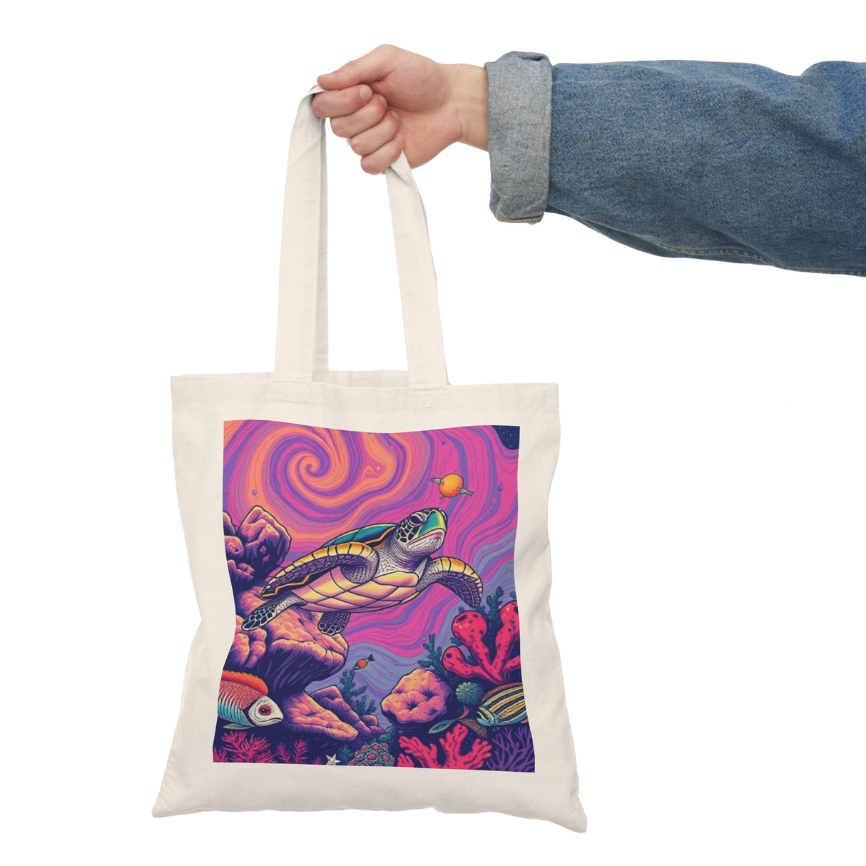 Trippy Purple and Pink Sea Turtle Design Natural Cotton Tote Bag