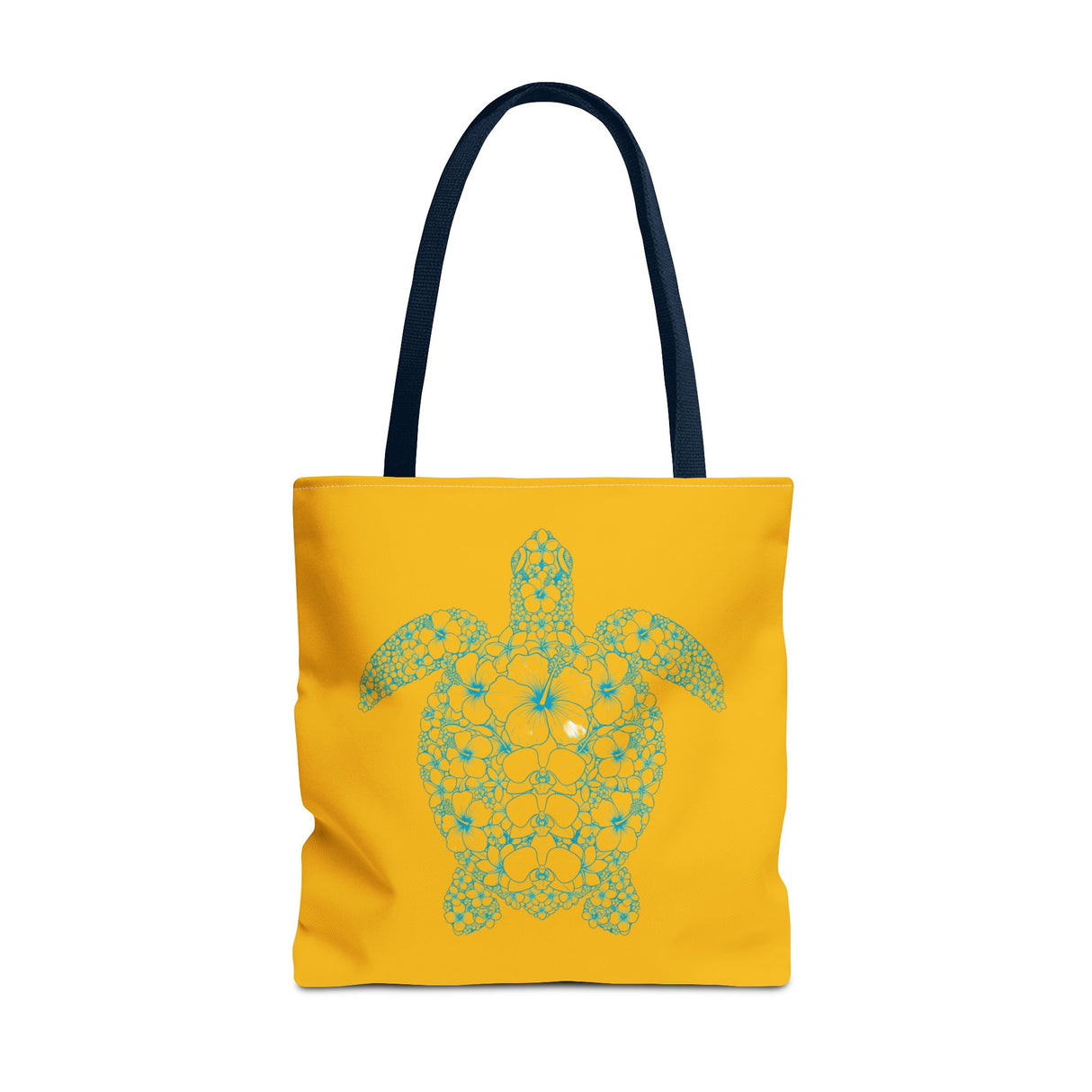 Gold and Teal Tropical Flower Sea Turtle Tote Bag, Eco-Friendly Shopping Bag, Summer Beach Bag, Animal Lover Gift, Cute Tote for Kids & Adults