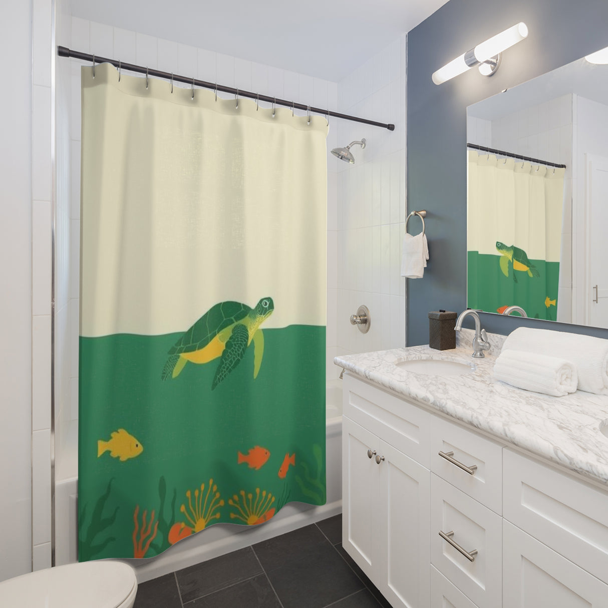 Green and Off White Swimming Sea Turtle Shower Curtains - Coastal Bathroom Decor