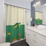 Green and Off White Swimming Sea Turtle Shower Curtains - Coastal Bathroom Decor