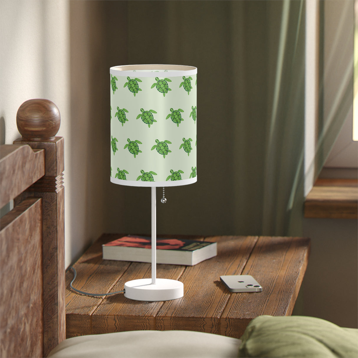 Green Sea Turtle Pattern Table Lamp, Nightstand Light, Sea Life Decor, Beach House Accent, Kid's Room Lighting