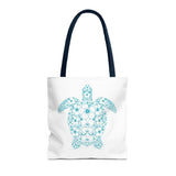 White and Teal Tropical Flower Sea Turtle Tote Bag - 3 sizes