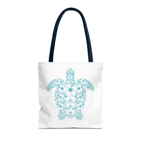 White and Teal Tropical Flower Sea Turtle Tote Bag - 3 sizes