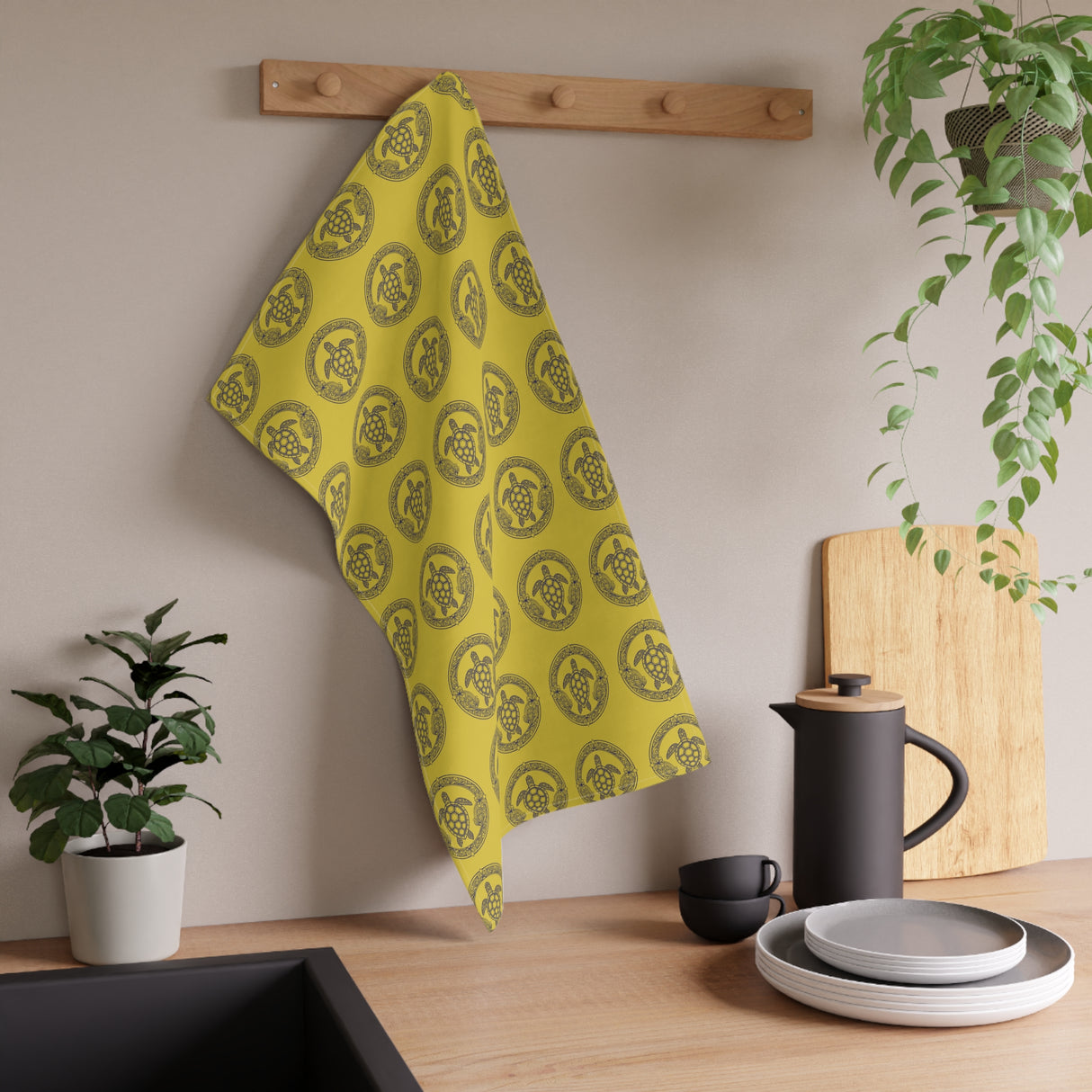 Gold Tropical Sea Turtle Tea Towels - Cotton Twill, Ideal for Home, Kitchen Decor, Beachy Kitchen, Sea Turtle Lovers