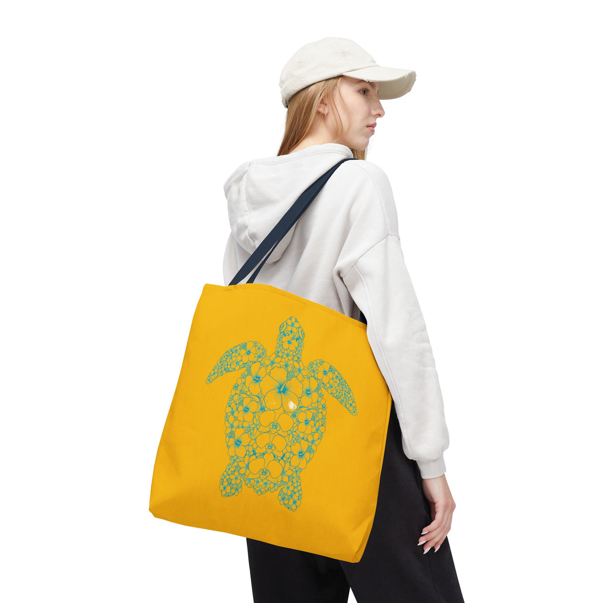 Gold and Teal Tropical Flower Sea Turtle Tote Bag, Eco-Friendly Shopping Bag, Summer Beach Bag, Animal Lover Gift, Cute Tote for Kids & Adults