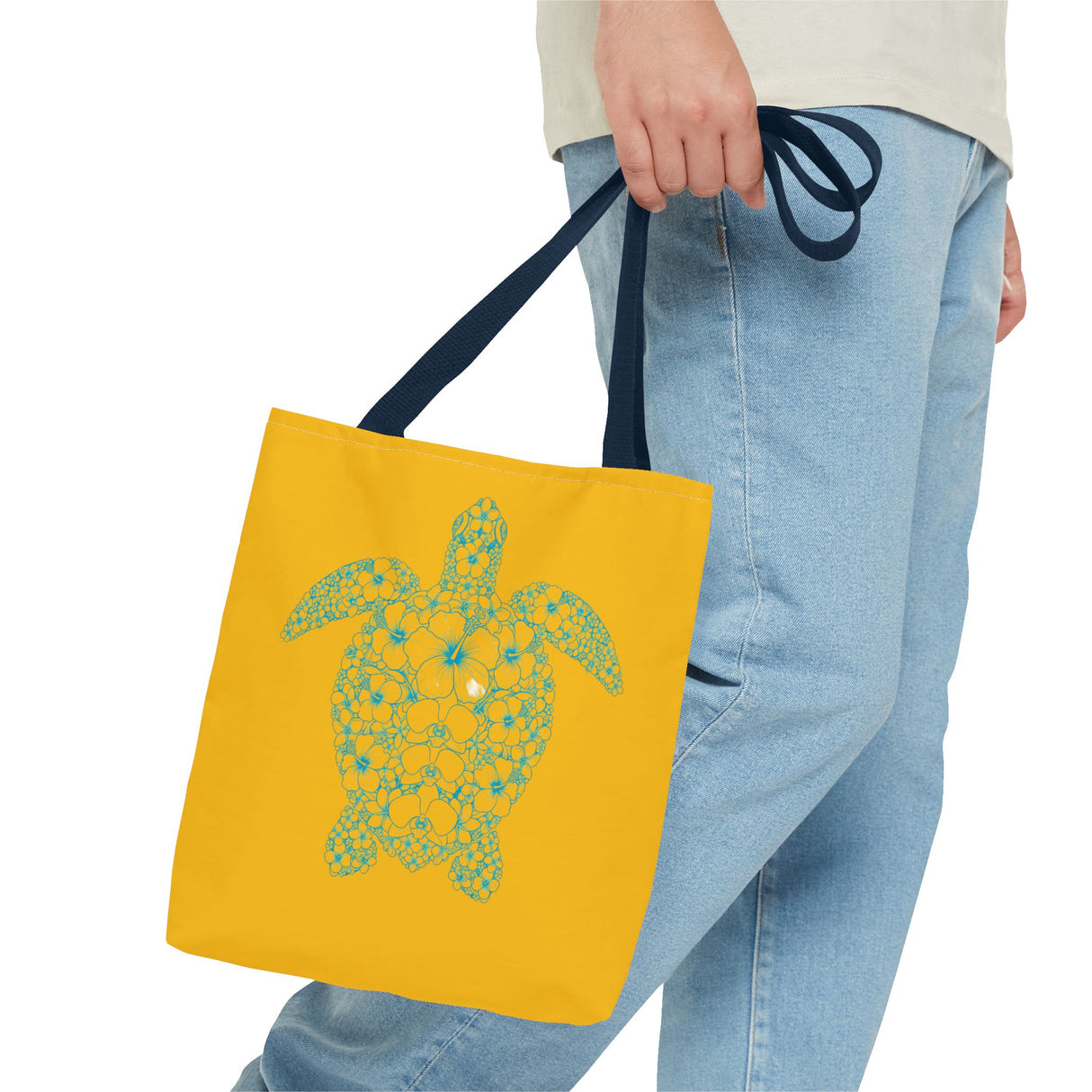 Gold and Teal Tropical Flower Sea Turtle Tote Bag, Eco-Friendly Shopping Bag, Summer Beach Bag, Animal Lover Gift, Cute Tote for Kids & Adults