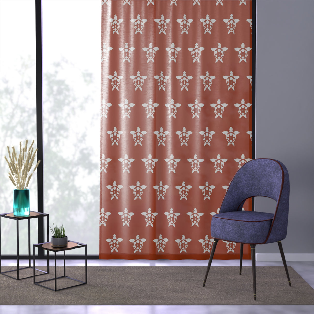 Burnt Orange and White Sea Turtle Pattern Window Curtain
