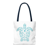 White and Teal Tropical Flower Sea Turtle Tote Bag - 3 sizes
