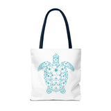 White and Teal Tropical Flower Sea Turtle Tote Bag - 3 sizes
