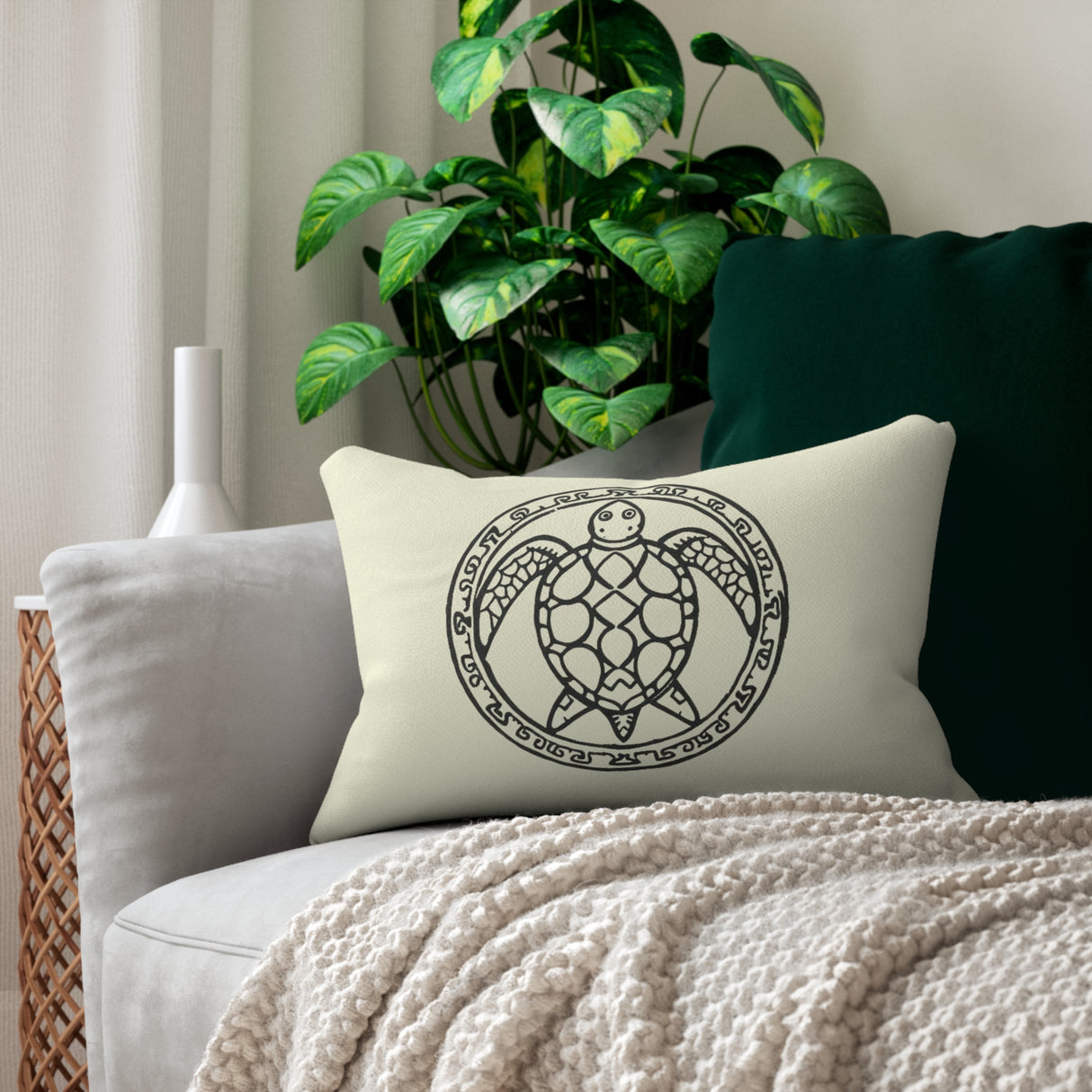 Tribal Sea Turtle Lumbar Pillow, Nautical Home Decor, Beach House Accent Cushion, Gift for Beach Lovers, Turtle Design Throw Pillow