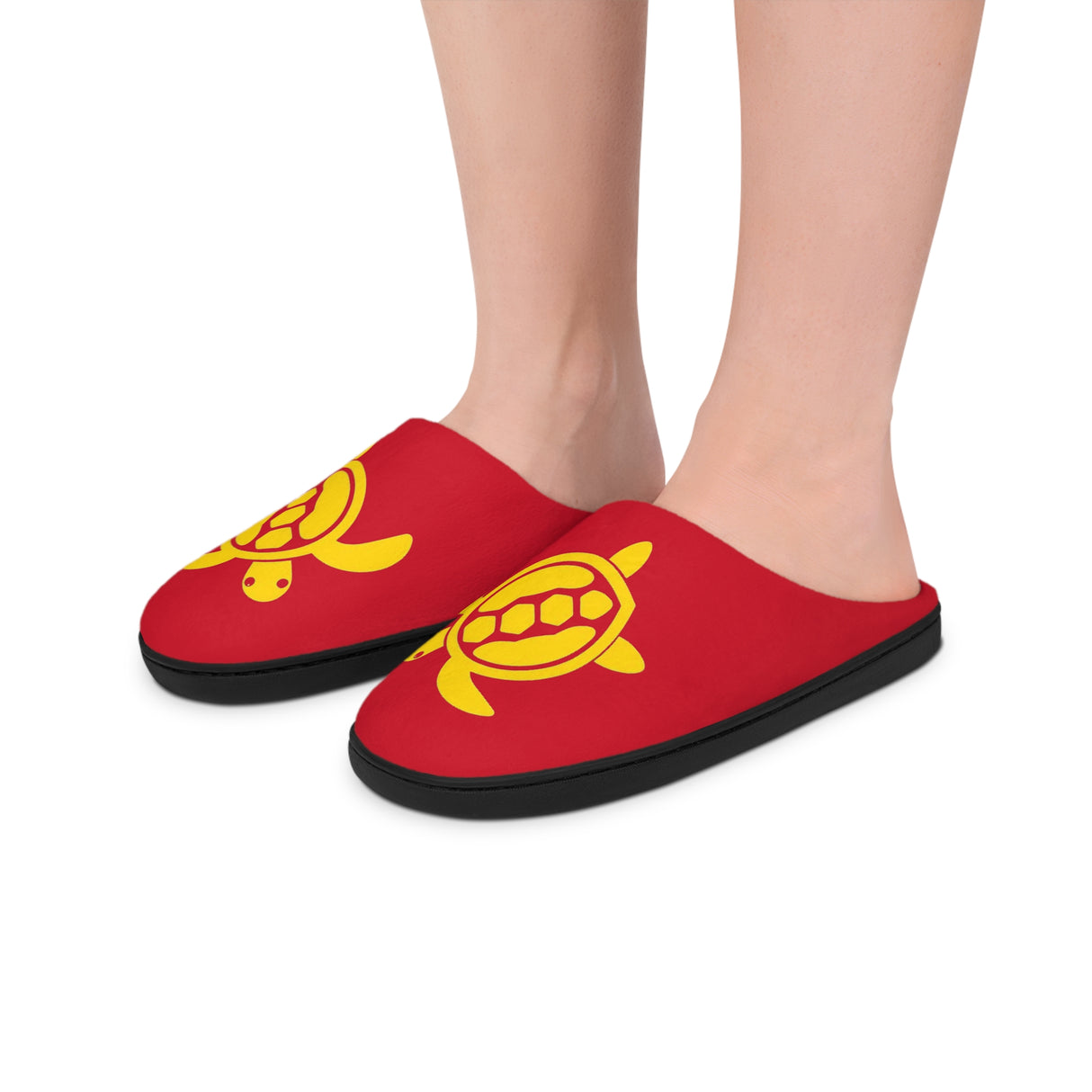 Womens Red and Yellow Sea Turtle Print Indoor Slippers