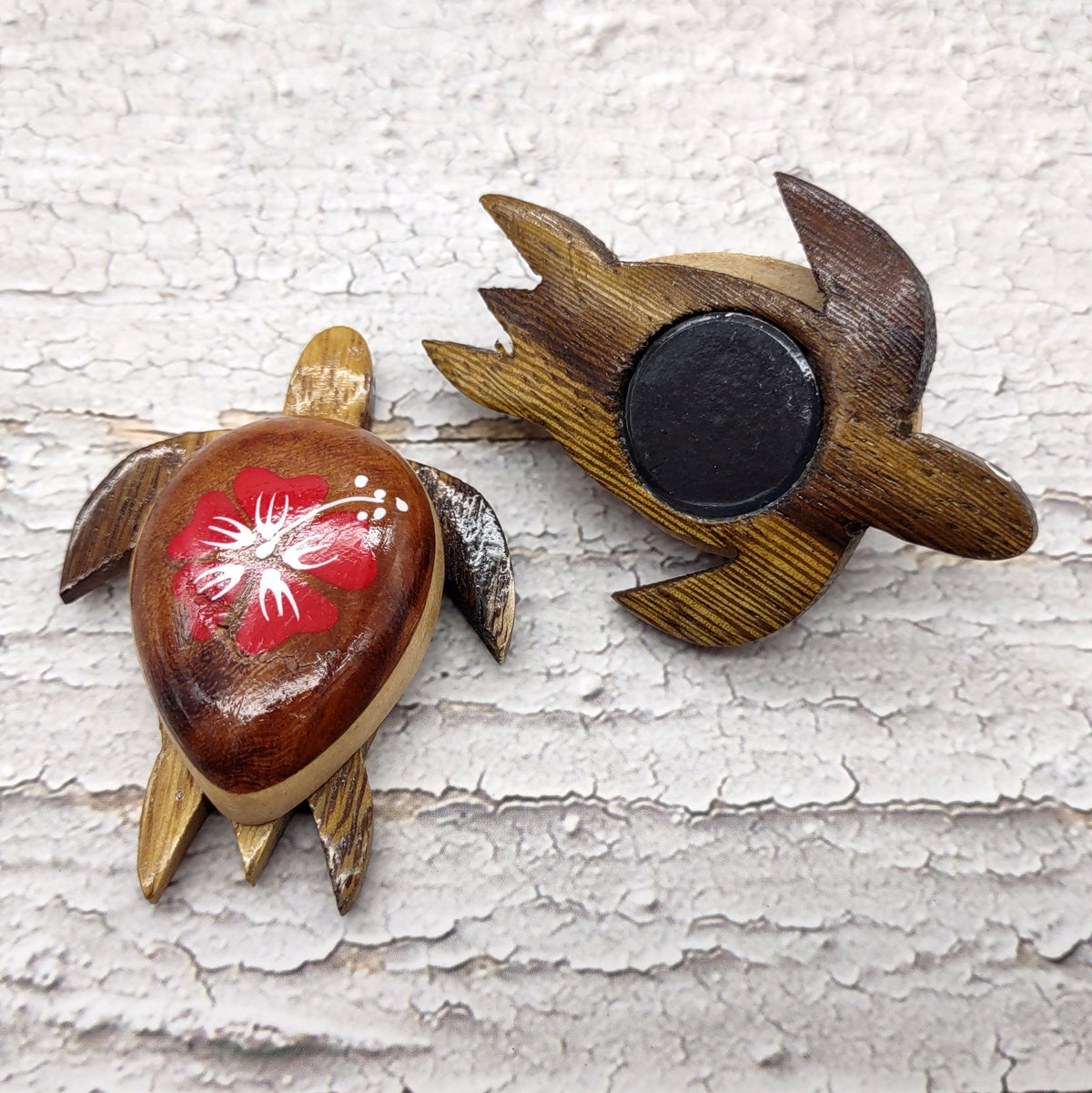 Wooden Sea Turtle Magnet Red Hibiscus Flower (1 magnet approx. 2+ inches) Wood Sea Turtle Magnet gift for fridges cabinets doors!