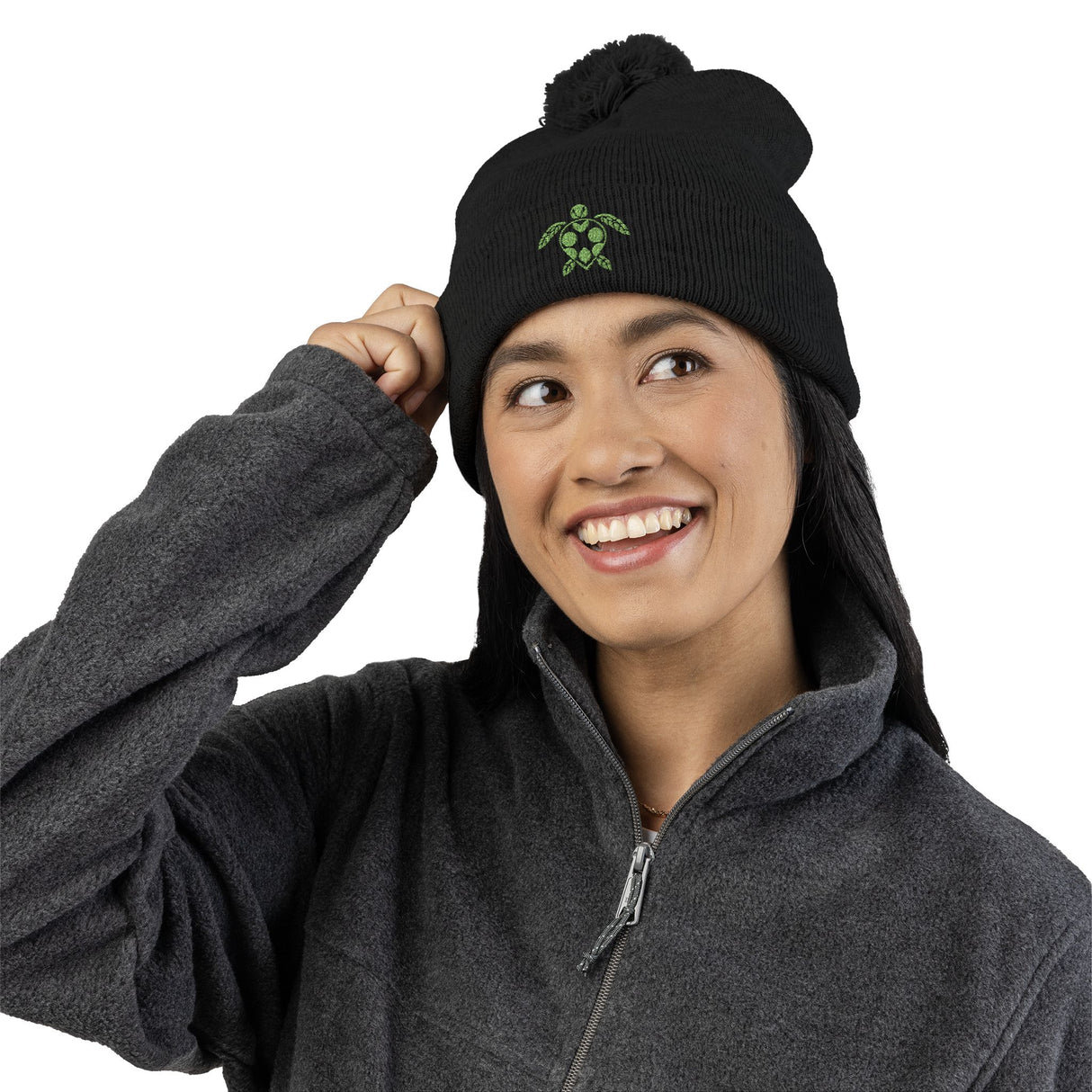 Cozy Pom-Pom Knit Cap with Green Sea Turtle Embroidery