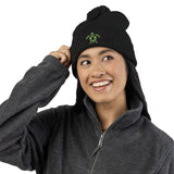 Cozy Pom-Pom Knit Cap with Green Sea Turtle Embroidery
