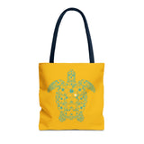 Gold and Teal Tropical Flower Sea Turtle Tote Bag, Eco-Friendly Shopping Bag, Summer Beach Bag, Animal Lover Gift, Cute Tote for Kids & Adults