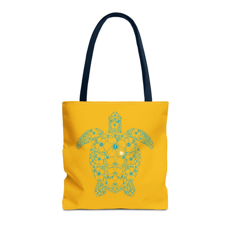 Gold and Teal Tropical Flower Sea Turtle Tote Bag, Eco-Friendly Shopping Bag, Summer Beach Bag, Animal Lover Gift, Cute Tote for Kids & Adults