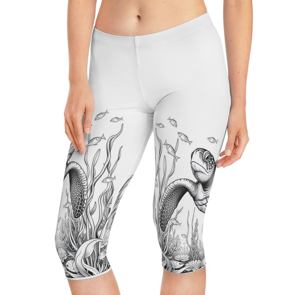 Black and White Sea Turtle Capri Leggings
