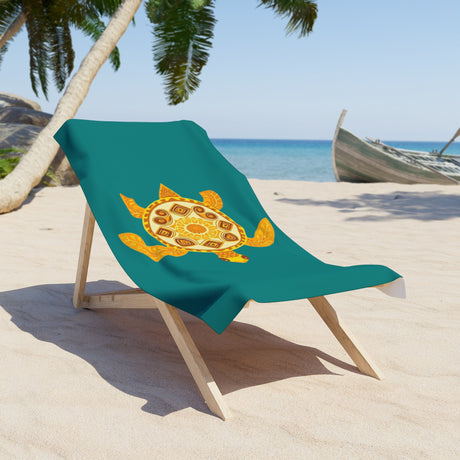 Gold and Teal Sea Turtle Beach Towel - Vibrant Summer, Pool Party Accessory, Eco-Friendly, Perfect for Beach Days, Gift for Ocean Lovers