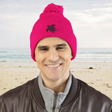 Cozy Pom-Pom Knit Cap with Black Sea Turtle Embroidery - 5 colors