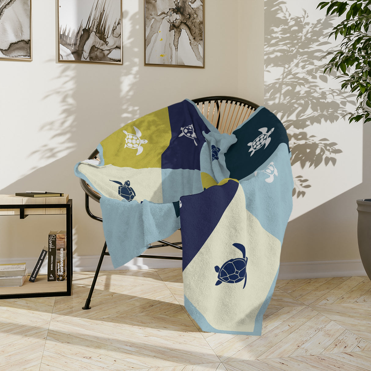 Sea Turtle-Squares Themed Velveteen Microfiber Blanket - 3 Sizes