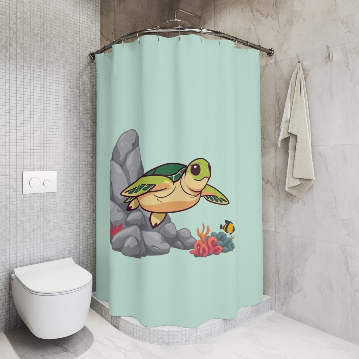 Cartoon Green Sea Turtle Shower Curtains - Coastal Bathroom Decor
