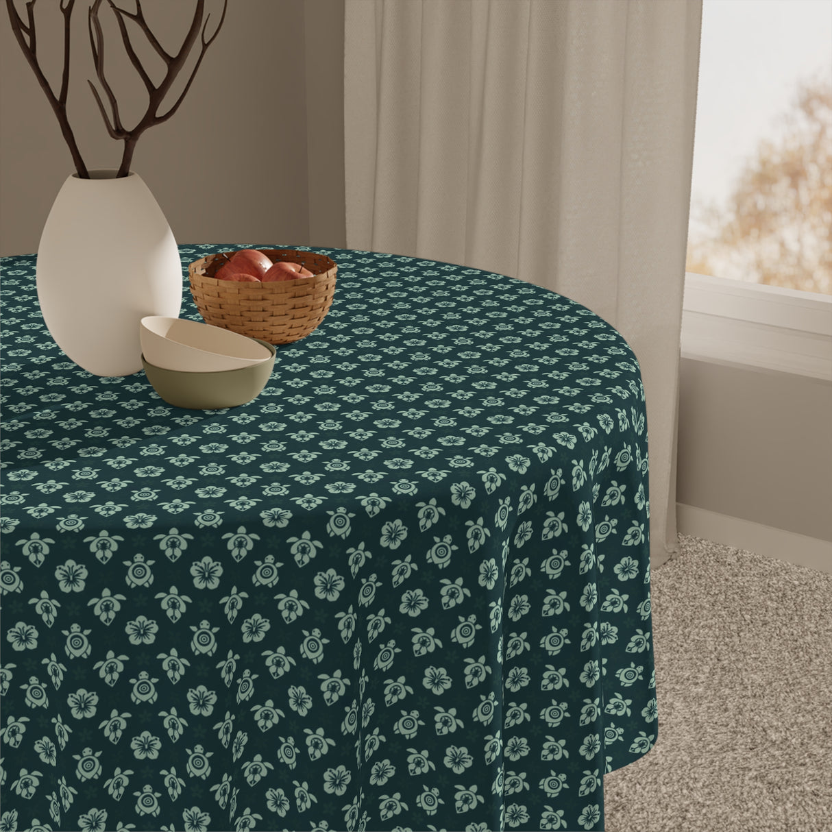 Dark Teal Sea Turtle and Floral Print Tablecloth