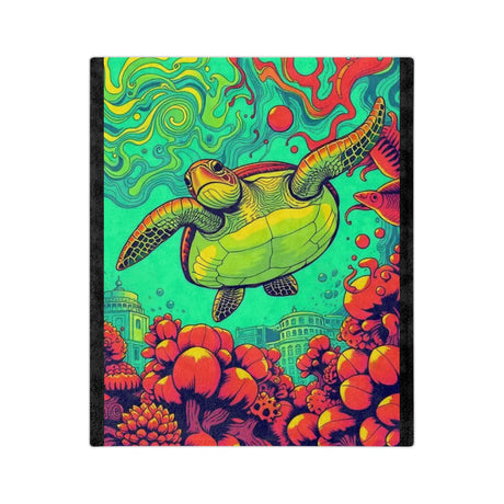 Colorful Sea Turtle Near Atlantis -Themed Velveteen Microfiber Blanket - 3 Sizes