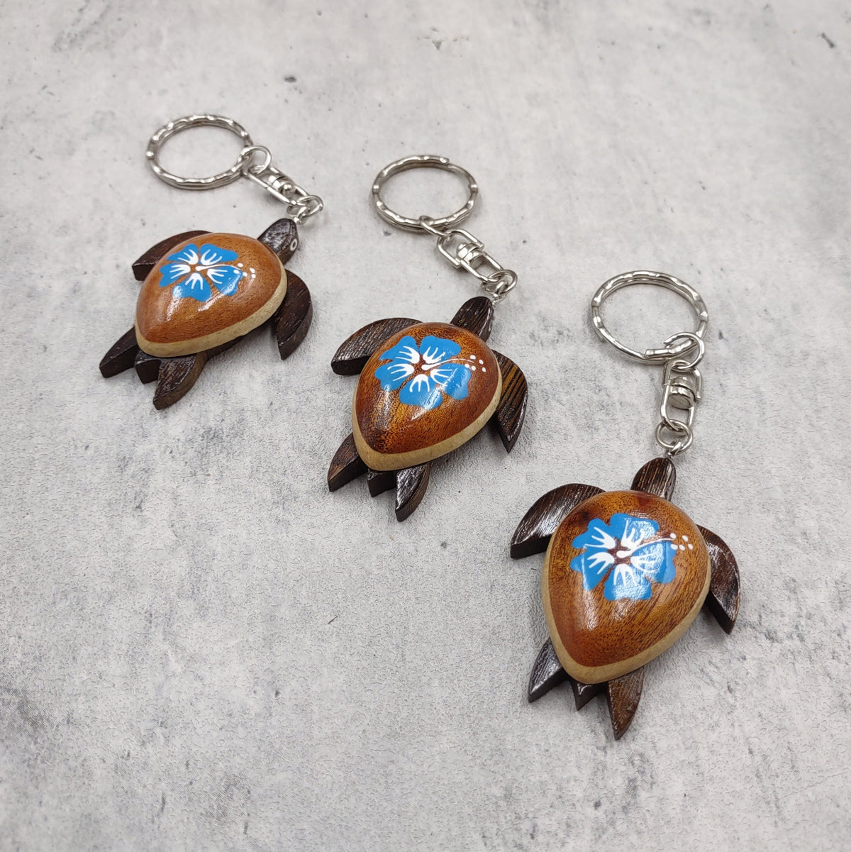 Blue Hibiscus Painted Wooden Sea Turtle Keychain (1 keychain approx. 4.25+ inches) Wooden Sea Turtle Key Fob for gifting or party favors!