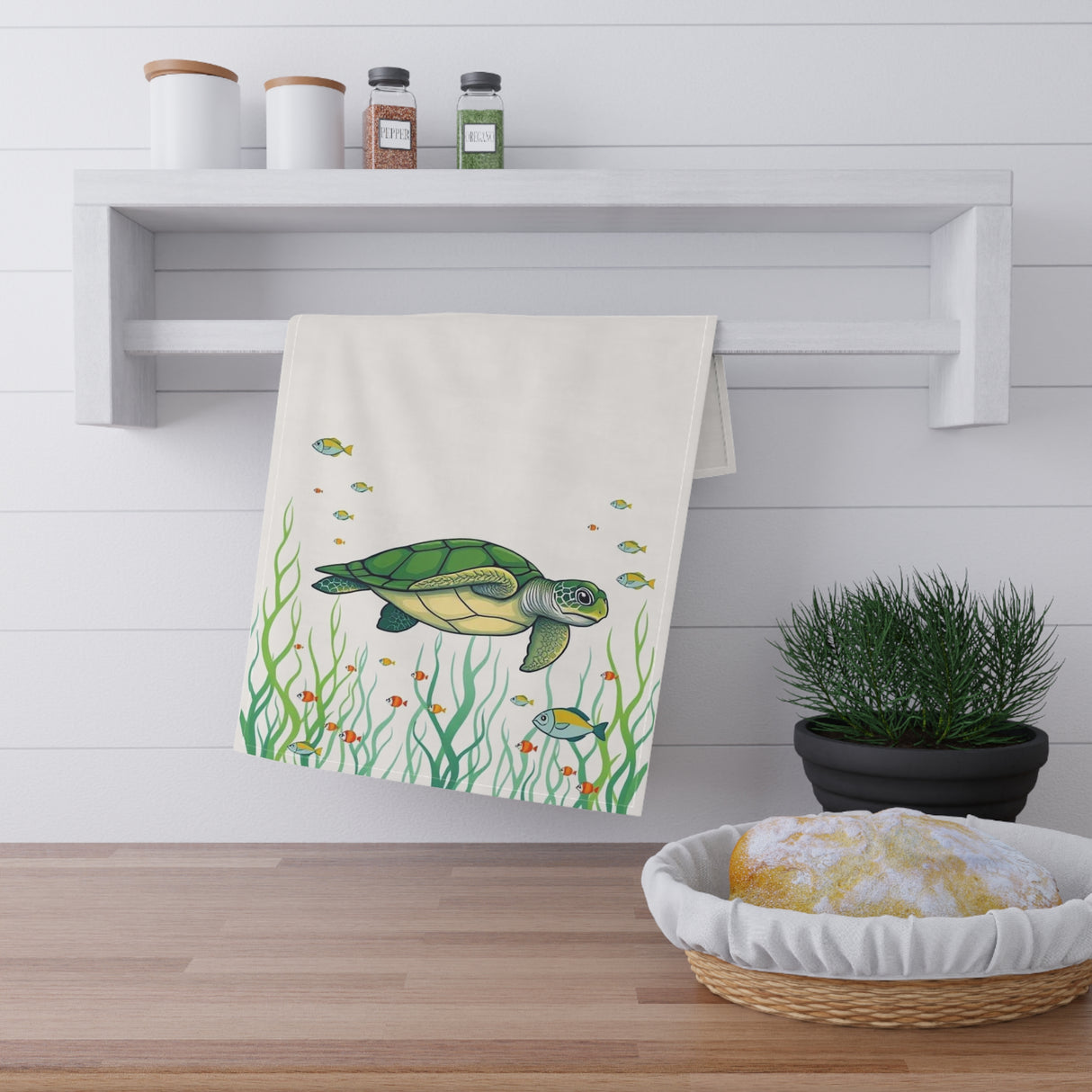 Illustrated Floating Green Sea Turtle Tea Towel (cotton, poly)