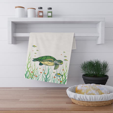 Illustrated Floating Green Sea Turtle Tea Towel (cotton, poly)