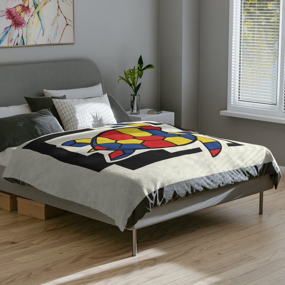 Bauhaus Inspired Red Yellow Blue Sea Turtle-Themed Velveteen Microfiber Blanket - 3 Sizes