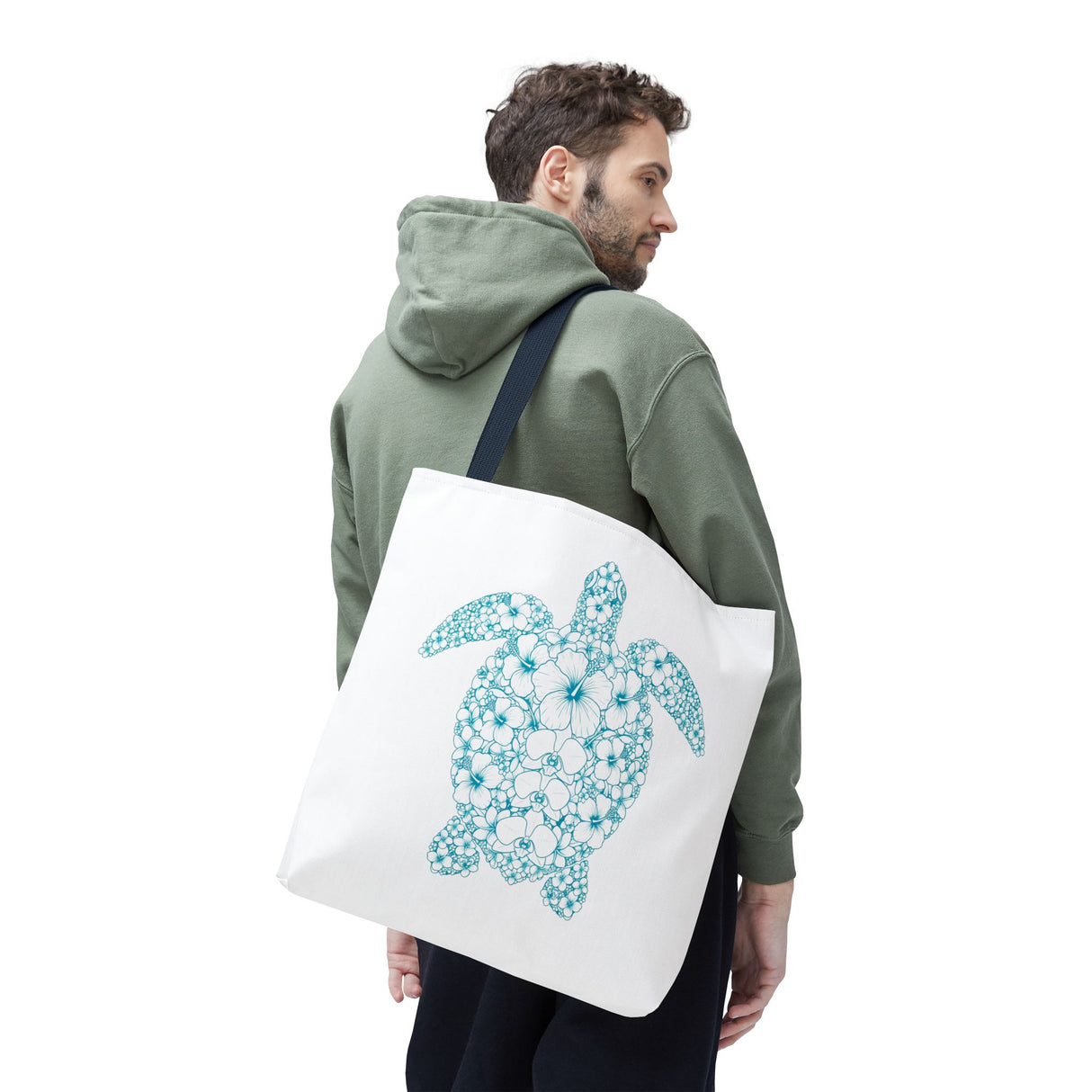 White and Teal Tropical Flower Sea Turtle Tote Bag - 3 sizes